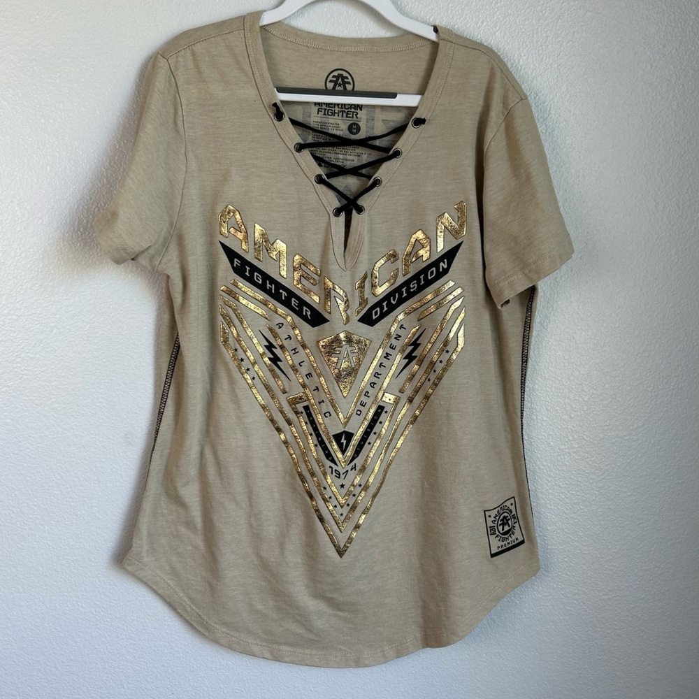 American Fighter Tan and Gold Graphic Lace up T-Shirt